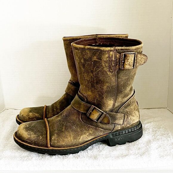 UGG Australia Rockville Brown Distressed Leather Biker Moto Boots Sz Mens 9.5 - Picture 2 of 9